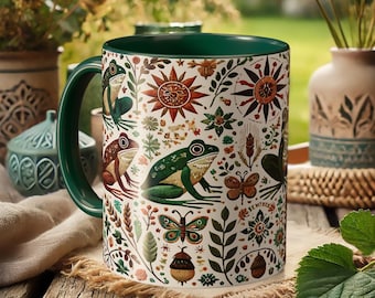 Whimsical Frog Mug – Boho Nature Coffee Cup with Forest Wildlife Art