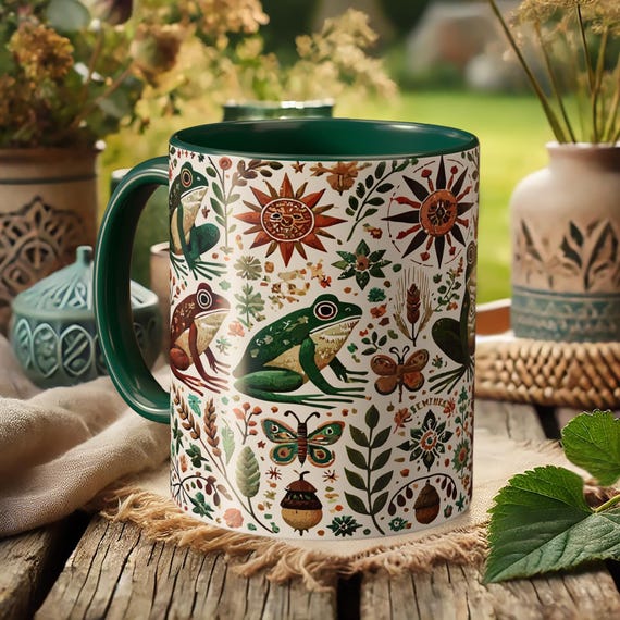 Whimsical Frog Mug – Boho Nature Coffee Cup with Forest Wildlife Art