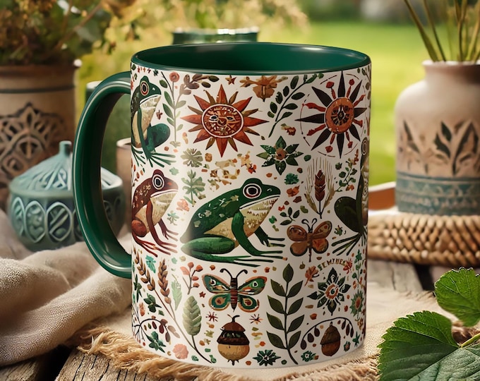 Whimsical Frog Mug – Boho Nature Coffee Cup with Forest Wildlife Art
