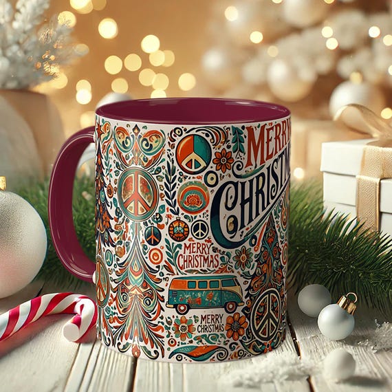 Retro Christmas Tree Mug: Hippie Van Boho Xmas Gift
