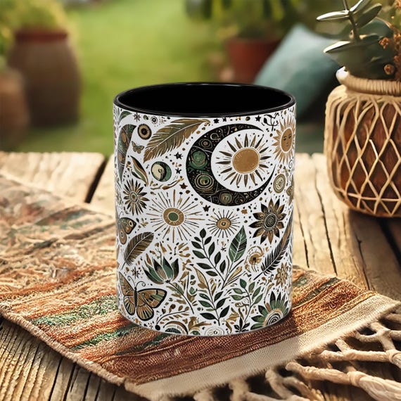 Sun and Moon Coffee Mug – Boho Floral Cup with Celestial Hippie Art