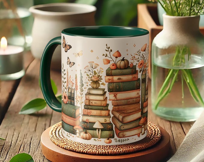 Stack of Books Mug – Cozy Reader Coffee Cup in Cottagecore Style