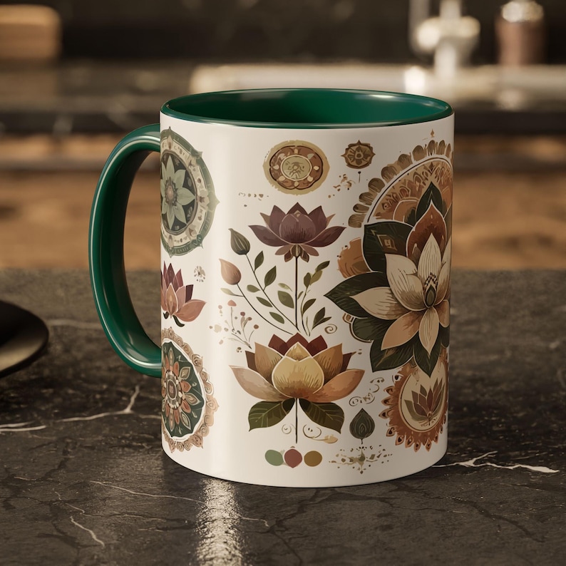 Boho lotus mug featuring an intricate mandala design, perfect for yoga lovers and meditation enthusiasts. This spiritual coffee cup adds a zen touch to any space, making it an ideal gift for yogis and free spirits. High-quality ceramic with a fade-resistant finish, microwave-safe and dishwasher-safe. A unique relaxation gift idea, great for tea, coffee, or matcha lovers who appreciate bohemian and meditative art.