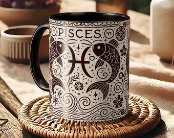 Pisces Zodiac Mug – Astrology Coffee Cup, Boho Ocean Fish Design