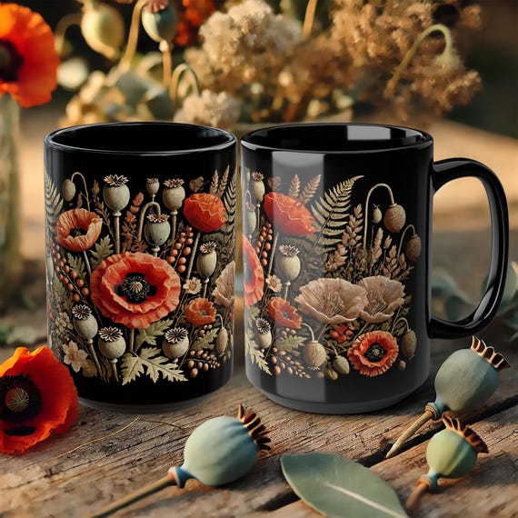Red Poppy Mug – Black Botanical Coffee Cup with Floral Art