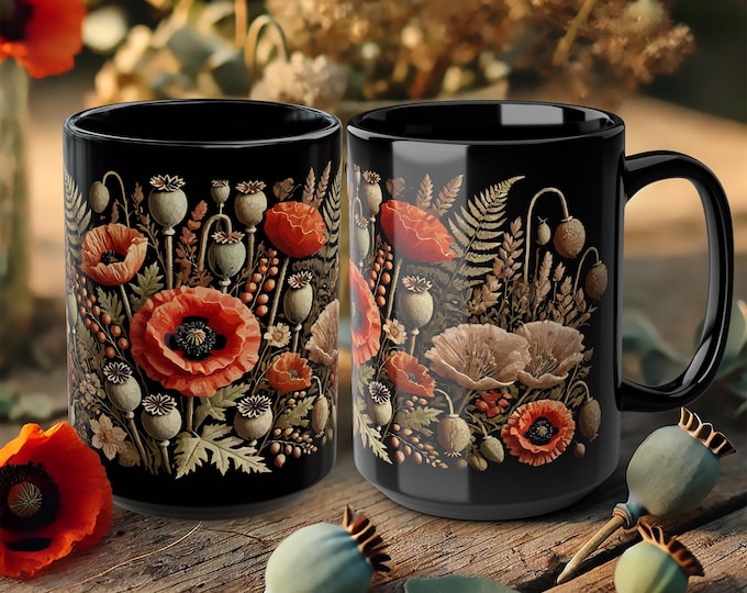 Red Poppy Mug – Black Botanical Coffee Cup with Floral Art