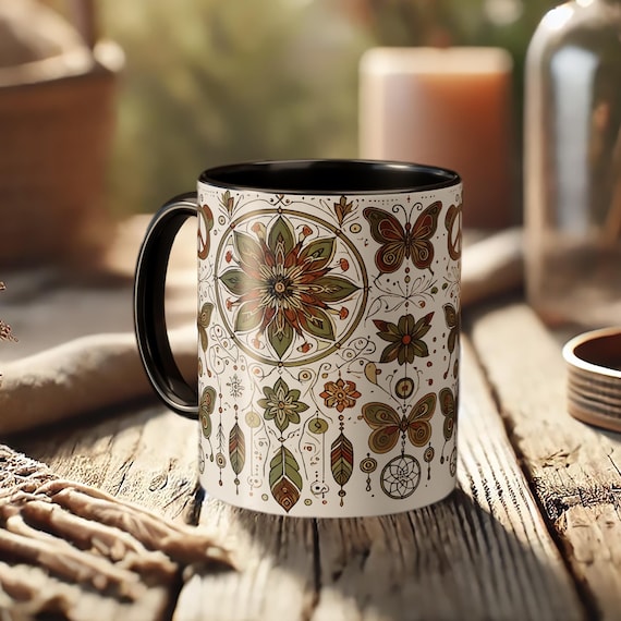 Boho Butterfly Mug – Floral Mandala Coffee Cup in Bohemian Style