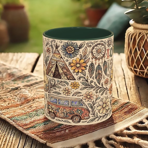 Van Life Camper Mug – Boho Festival Coffee Cup, Hippie Floral Travel Gift