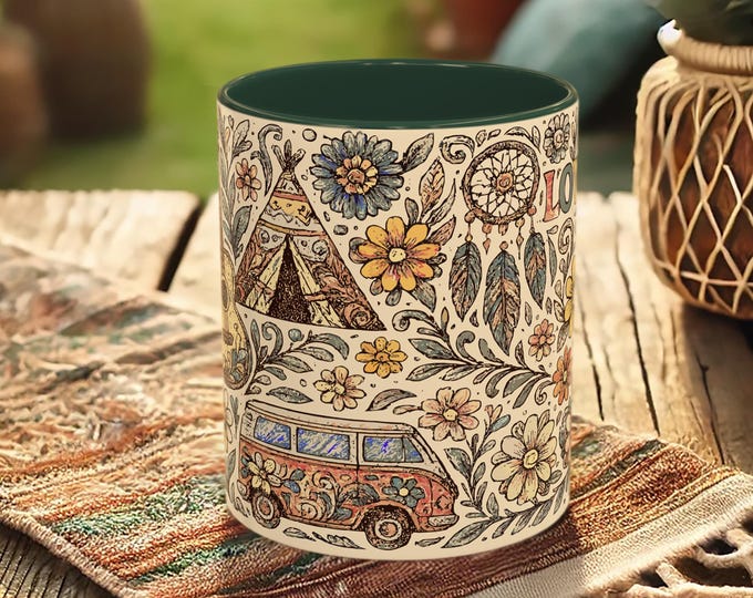 Van Life Camper Mug – Boho Festival Coffee Cup, Hippie Floral Travel Gift