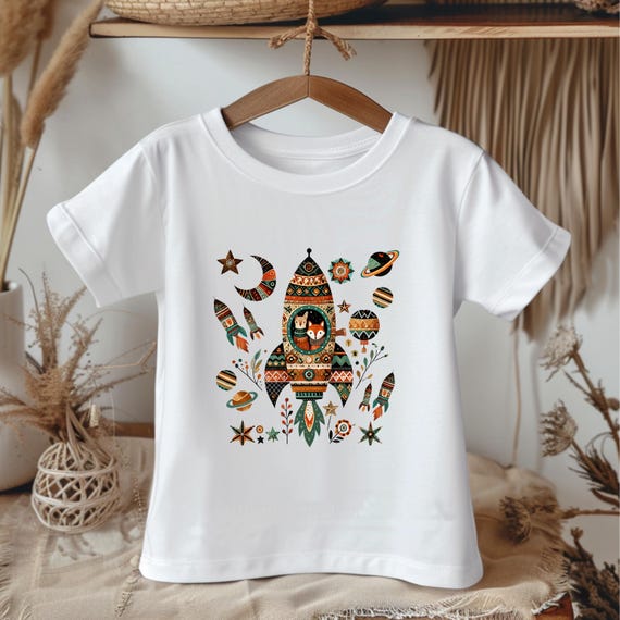 Toddler Rocket Shirt – Boho Space Graphic Tee, Kids Rocketship T-Shirt for Boys & Girls