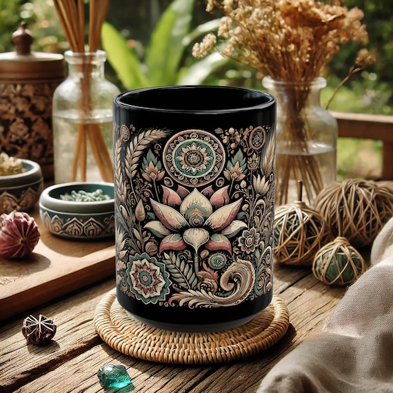 Lotus Mandala Mug – Boho Floral Coffee Cup, Black Folk Art Lotus Flower