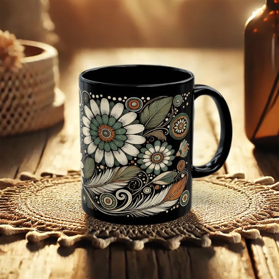 Black Floral Coffee Mug – Ceramic Flower Tea Cup with Botanical Design