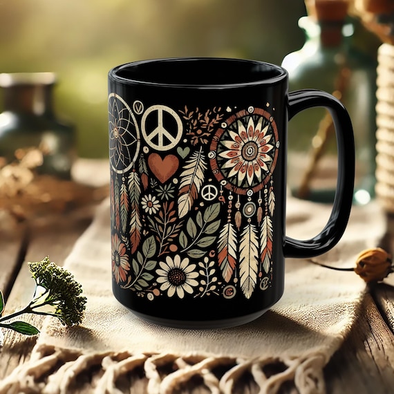 Black Boho Mug – Hippie Floral Coffee Cup with Peace Sign Design