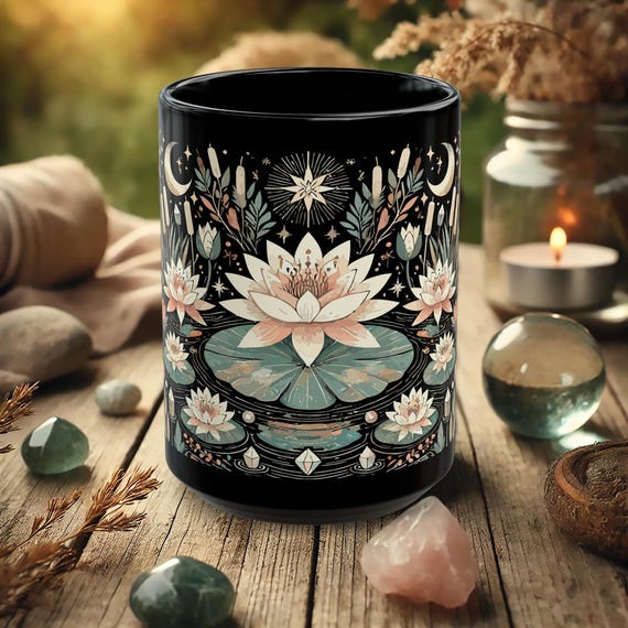 Lotus Flower Mug – Black Spiritual Coffee Cup with Moon Phases