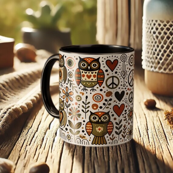 Owl Mug – Boho Coffee Cup with Nature Lover Folk Art