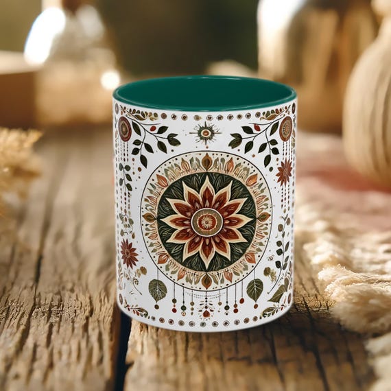 Mandala Coffee Mug – Boho Floral Folk Art Cup with Celestial Style