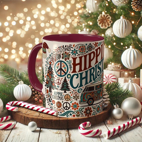 Hippie Christmas Mug – Retro Peace Sign Holiday Coffee Cup with Bus Art