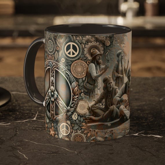 70s Festival Mug – Hippie Retro Coffee Cup with Peace Sign Art
