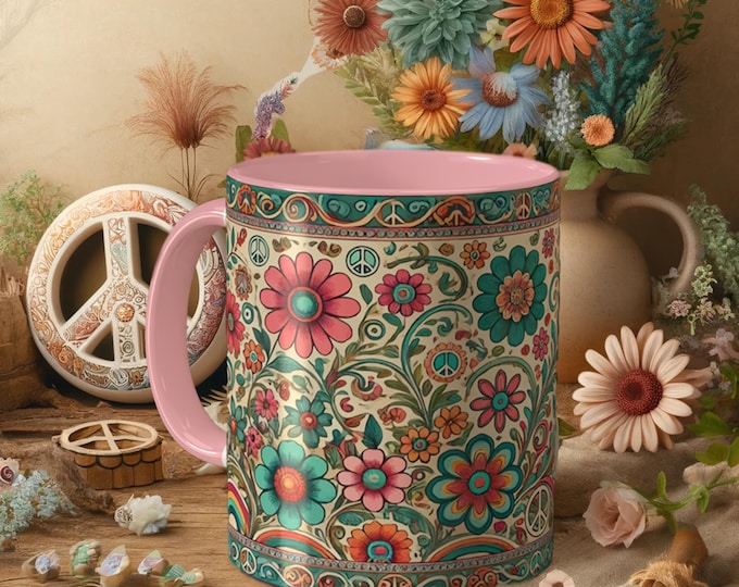 Retro Peace Sign Mug – Floral Coffee Cup in Boho Style