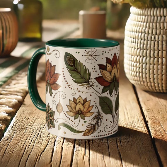 Boho Lotus Mug – Vintage Floral Coffee Design, Green Mandala Ceramic, Bohemian Art