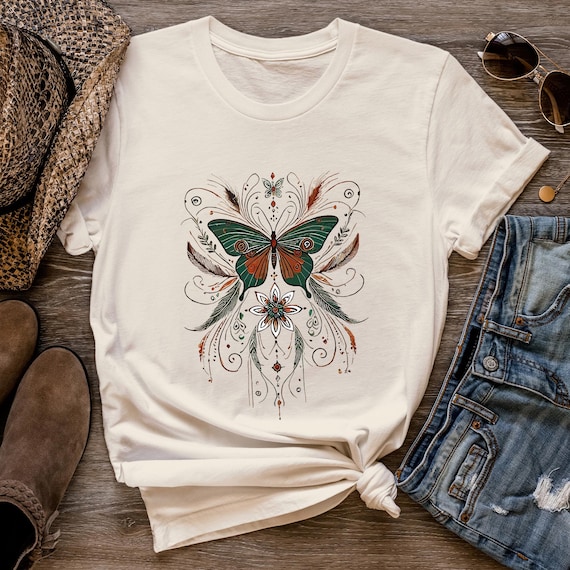 Boho Butterfly T-Shirt for Women – Floral Nature Graphic Tee