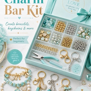 May include: A Charm Bar Kit in a light blue box, with various beads, charms, and tools for creating bracelets and keychains. The kit includes gold, silver, and blue beads, along with keychains and bracelets. Text on the box reads "Create bracelets, keychains & more."