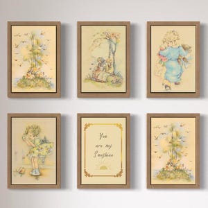 Vintage Nursery art, pink nursery prints. Yellow nursery prints. digital files, girls room wall prints. printable wall art. Nursery art