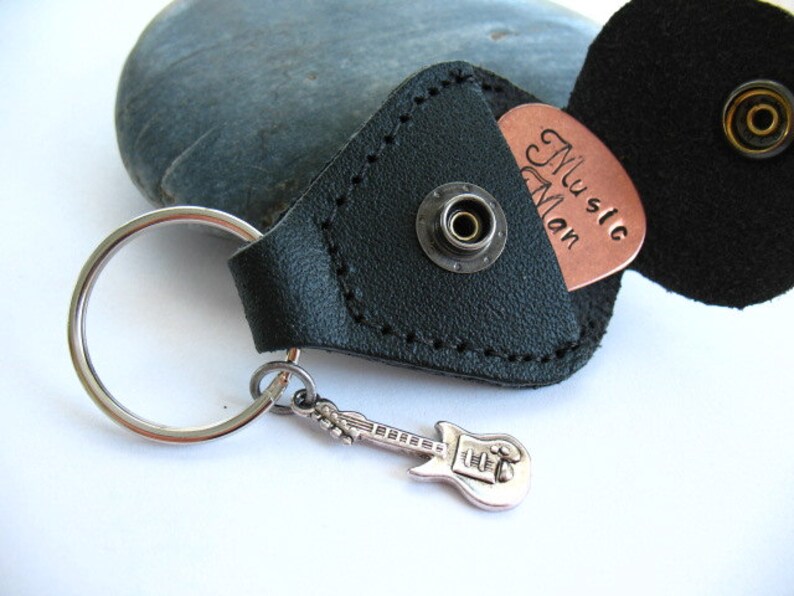 Hand Stamped Guitar Pick Keychain Black Leather Case Dad Etsy