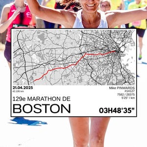 Diplom-Erinnerungskarte, Laufrennen, GPX-Strecke, 42 km, 129. Boston-Marathon 2025, USA.