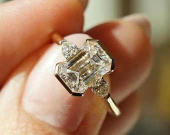 3 CT Emerald Cut Moissanite Three Stone Ring With Pear Side Stones, Half Bezel Set Solid Gold Ring, Wedding Ring, Christmas Gift for Her