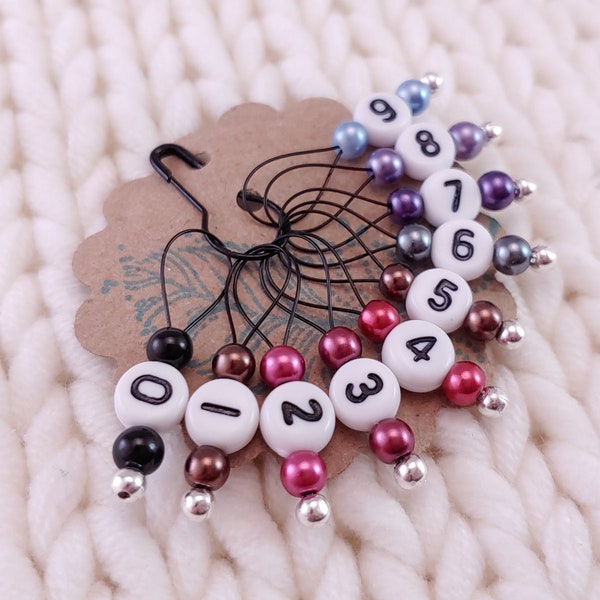 Snag Free Stitch Markers Medium Set of 10 - Reds Grays and Purples with Numbers - M74 - For up to size US 11 (8mm) Knitting Needles