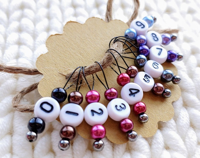 Small 5mm Knitting Needles Snag Free Stitch Markers Fits up to Size US 8 K37 Set of 10 -Reds Purples and Browns with Numbers