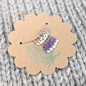 Removable Stitch Markers for Knitting or Crochet - Closable - Set of 5 - Lavender Purple Glass Cubes and White Glass Pearls - L60
