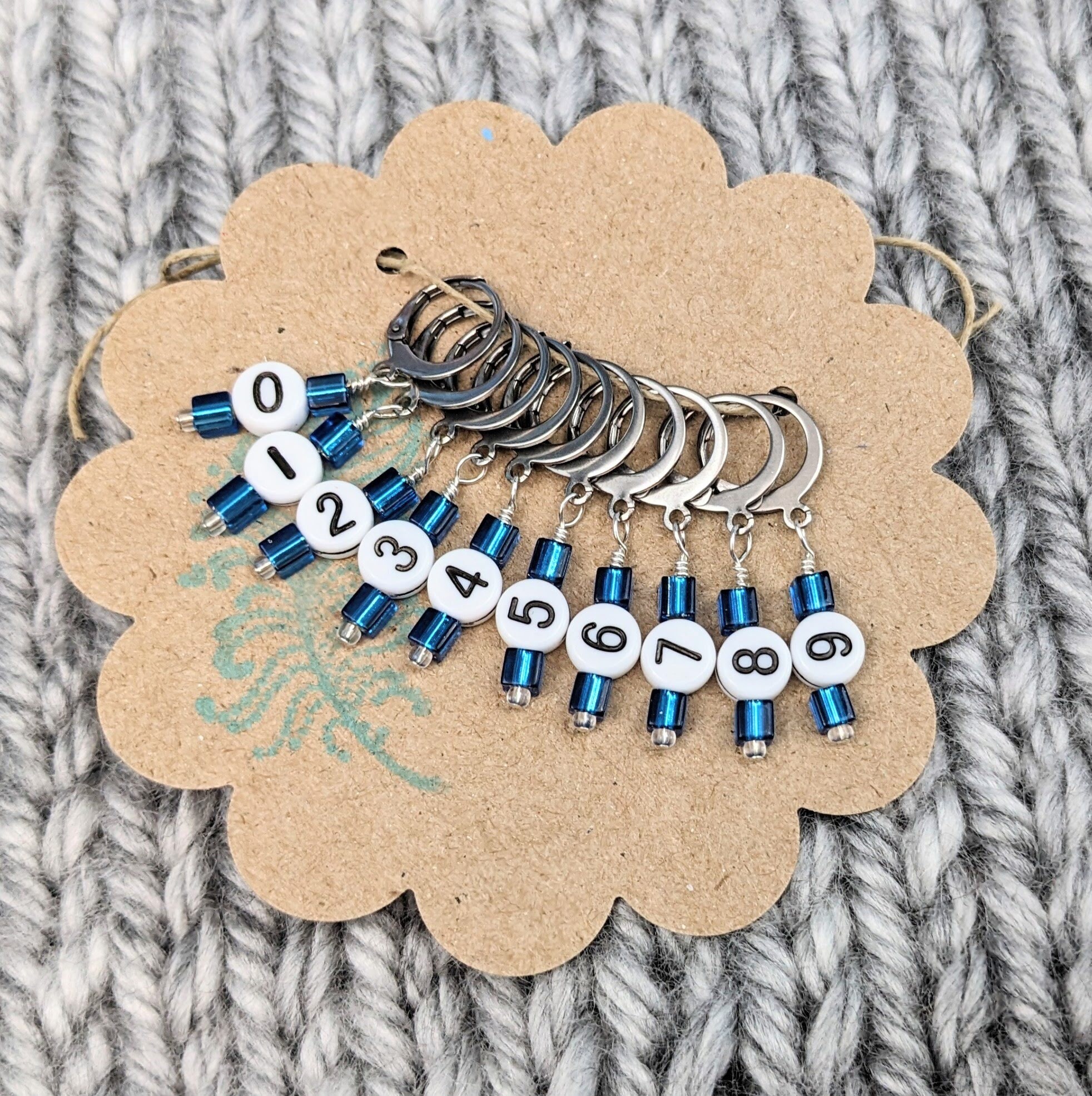Removable Stitch Markers for Knitting or Crochet - Closable - Set of 10 - Teal Glass Cubes with Numbers - L67