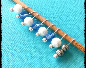 Snag Free Stitch Markers Extra Small Set of 8-- White and Blue Glass -- J15 -- For up to size US 4 (3.5mm) Knitting Needles