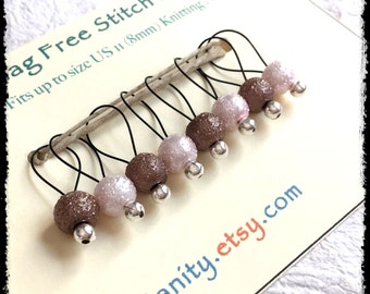 Snag Free Stitch Markers Medium Set of 8 -- Pink and Brown Frosted Glass Pearls -- M72 -- For up to size US 11 (8mm) Knitting Needle