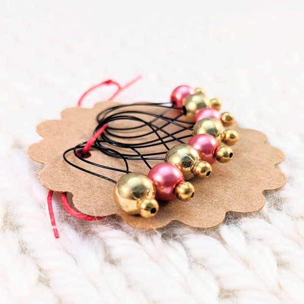 Snag Free Stitch Markers Large Set of 8 - Pink Glass Pearls With Gold Toned Metal - N1 - Fits up to size US 17 (12.75) Knitting Needle