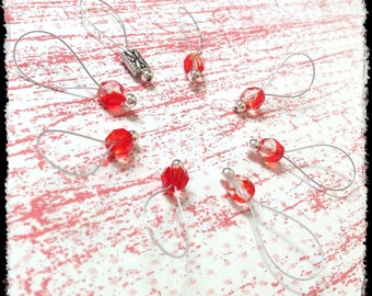 Snag Free Stitch Markers Large Set of 8-- Red and Clear Faceted Czech Glass -- N4 -- For up to size US 17 (12.75mm) Knitting Needle