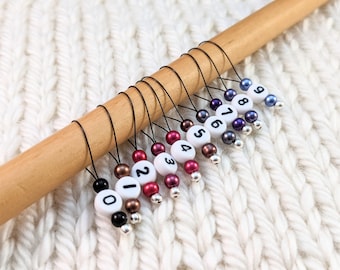 Snag Free Stitch Markers - Reds Purples Browns and Grays With Numbers - N41 - Fits up to Size US 17 (12.75mm) Knitting Needles