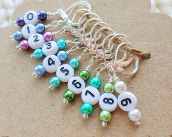 Removable Stitch Markers for Knitting or Crochet - Closable - Set of 10 - Shades of Blue Green and Purple with Numbers - L17