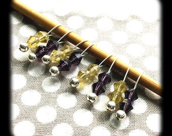 Snag Free Stitch Markers - Extra Small Set of 8 - J77 - Purple and Yellow Crystal - Fits up to Size US 4 (3.5mm) Knitting Needles