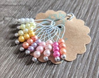 Snag Free Stitch Markers - Medium Set of 10 - Pink, Purple, Yellow, White Glass Pearls - M43 - Fits up to Size US 11 (8mm) Knitting Needles