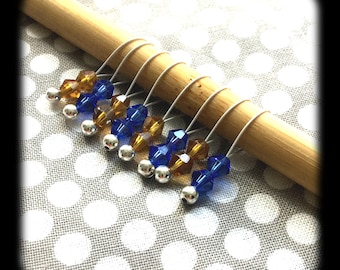 Snag Free Stitch Markers - Medium Set of 8 - M60 - Blue and Amber Crystal - Fits up to Size US 11 (8mm) Knitting Needles