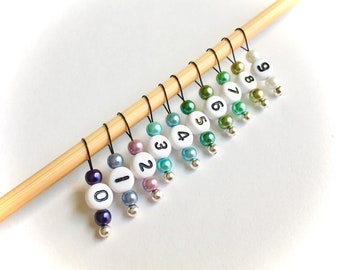 Snag Free Stitch Markers - Small - Set of 10 - Blues Purples and Greens with Numbers - K10 - Fits up to Size US 8 (5mm) Knitting Needles