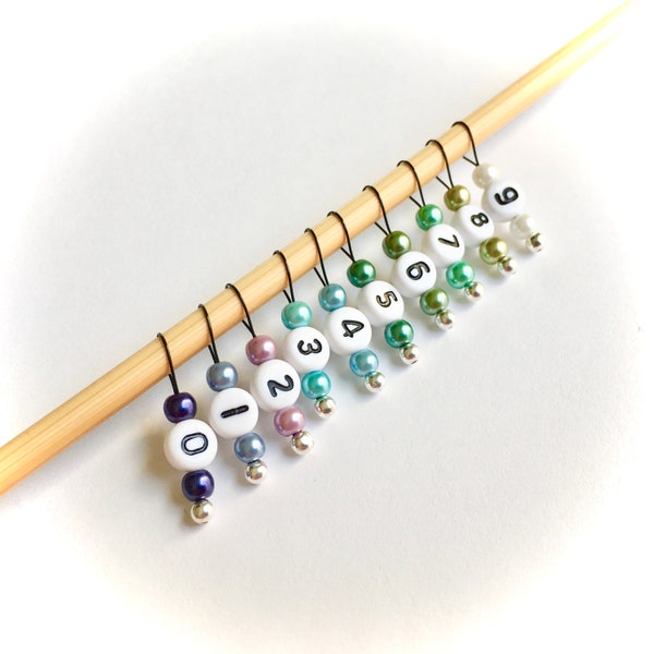 Snag Free Stitch Markers - Small - Set of 10 - Blues Purples and Greens with Numbers - K10 - Fits up to Size US 8 (5mm) Knitting Needles