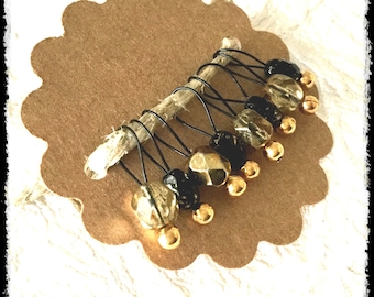 Snag Free Stitch Markers Small Set of 8 - Black and Gold Czech Glass -- K99-- Up to size US 8 (5.0mm) Knitting Needles
