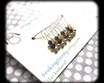 Snag Free Stitch Markers - Medium Set of 8 - M16 - Purple and Yellow Crystal - Fits up to Size US 11 (8mm) Knitting Needles