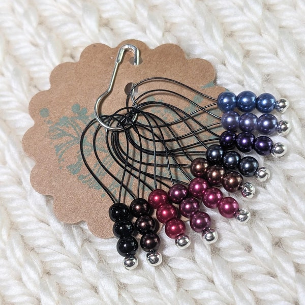 Snag Free Stitch Markers - Large Set of 10 - Red Purple Brown and Gray Glass Pearls - N55 Fits up to Size US 17 (12.75mm) Knitting Needles