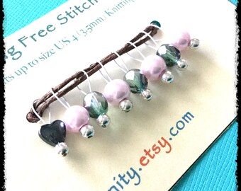 Snag Free Stitch Markers Extra Small Set of 8-- Pink and Green Czech Glass -- J78 -- For up to size US 4 (3.5mm) Knitting Needles