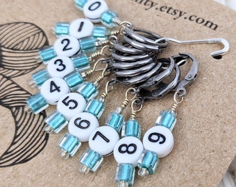 Removable Stitch Markers for Knitting or Crochet - Closable - Set of 10 - Aqua Glass Cubes with Acrylic Numbers - L35